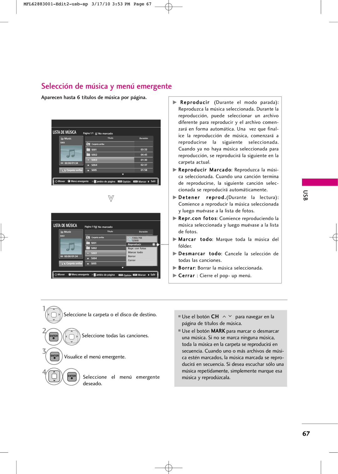 LG Electronics PJ250R manual Selección de música y menú emergente, Aparecen hasta 6 títulos de música por página 