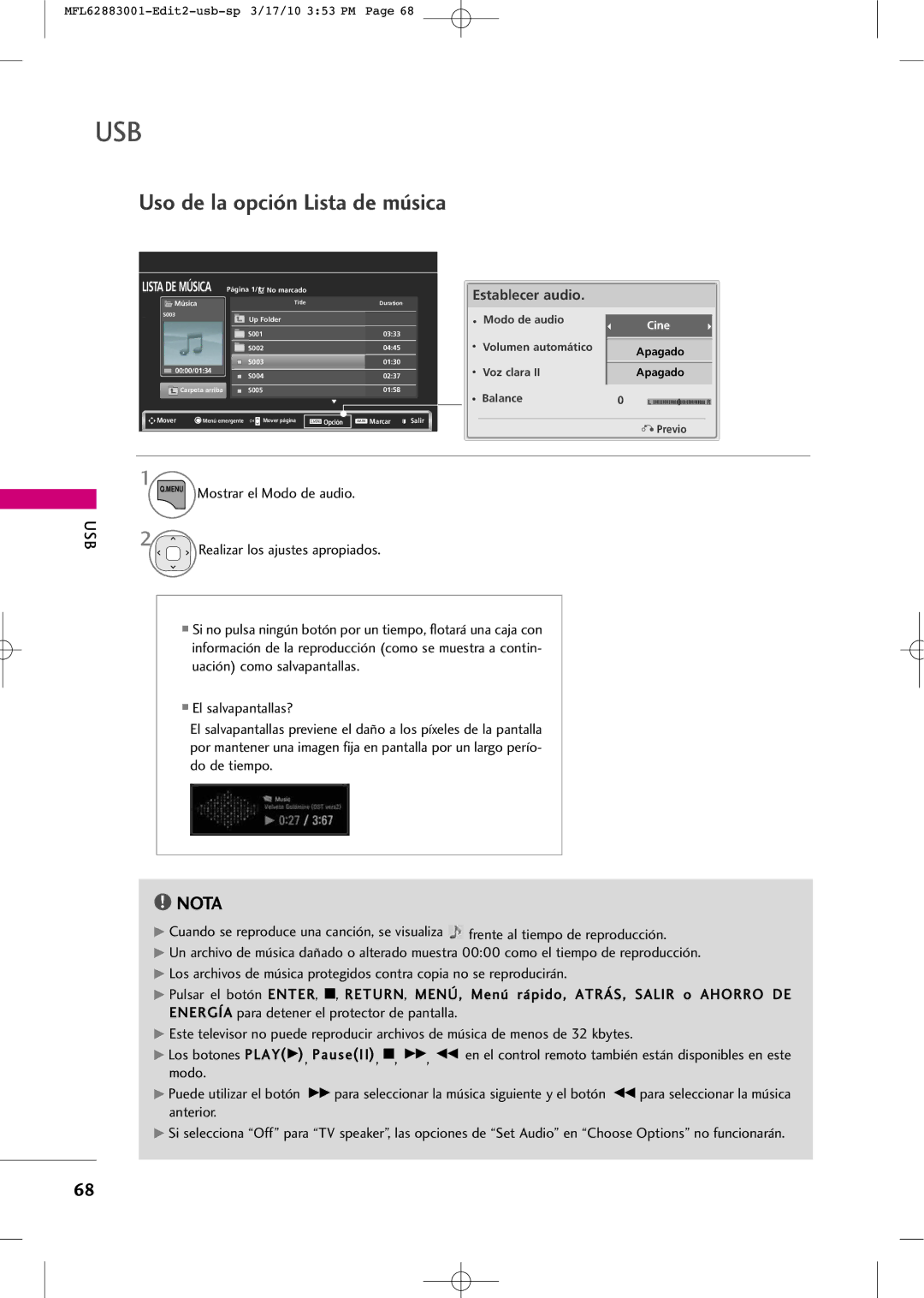 LG Electronics PJ250R manual Uso de la opción Lista de música 