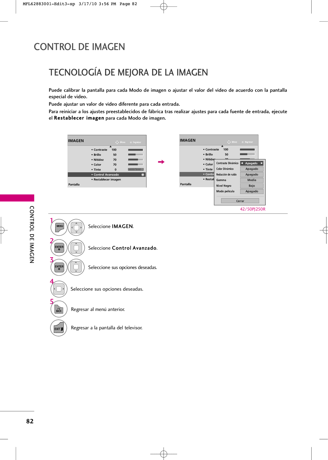 LG Electronics PJ250R Tecnología DE Mejora DE LA Imagen, Seleccione Control Avanzado, Seleccione sus opciones deseadas 