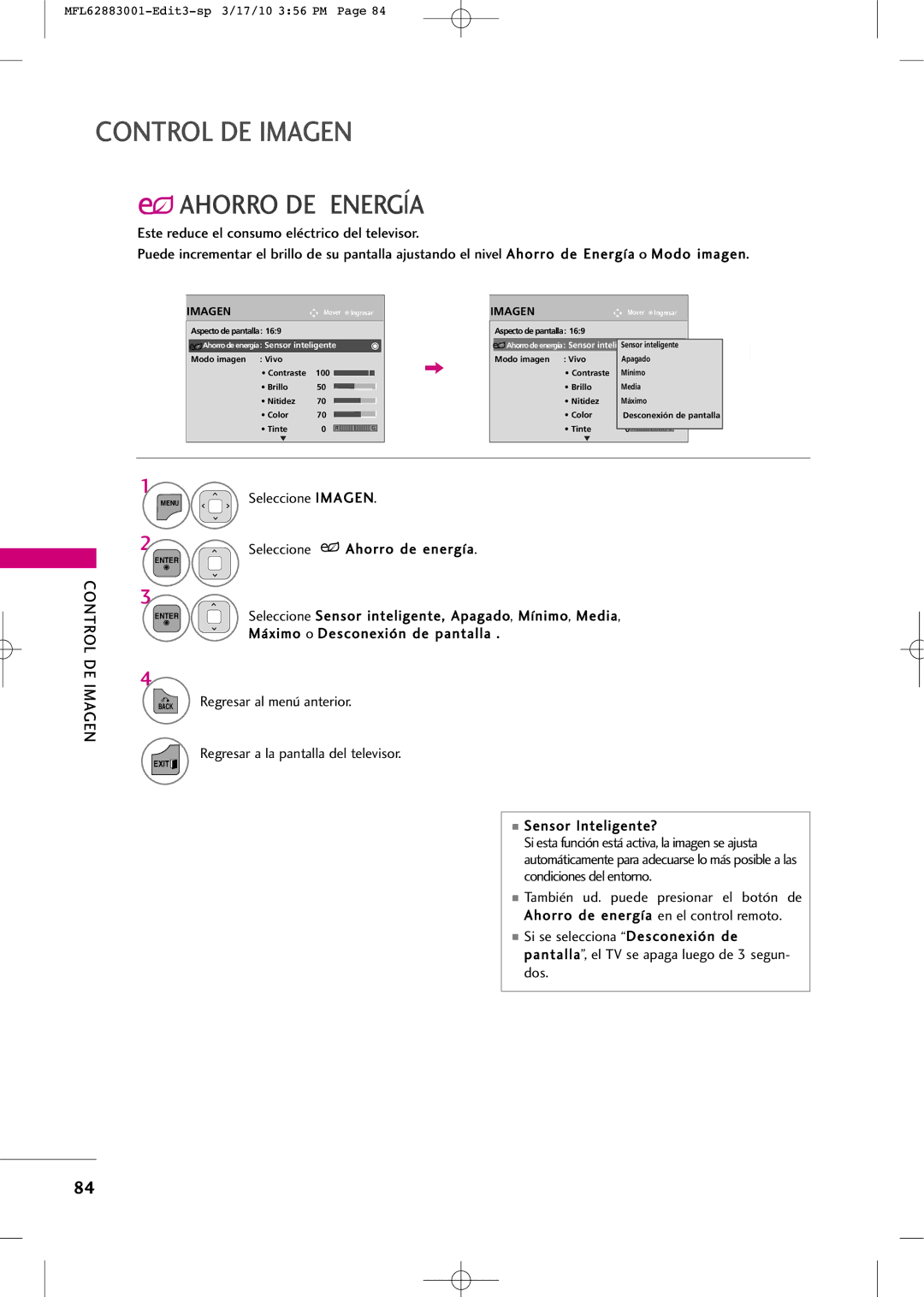 LG Electronics PJ250R manual Ahorro DE Energía, Seleccione Ahorro de energía, Máximo o Desconexión de pantalla 