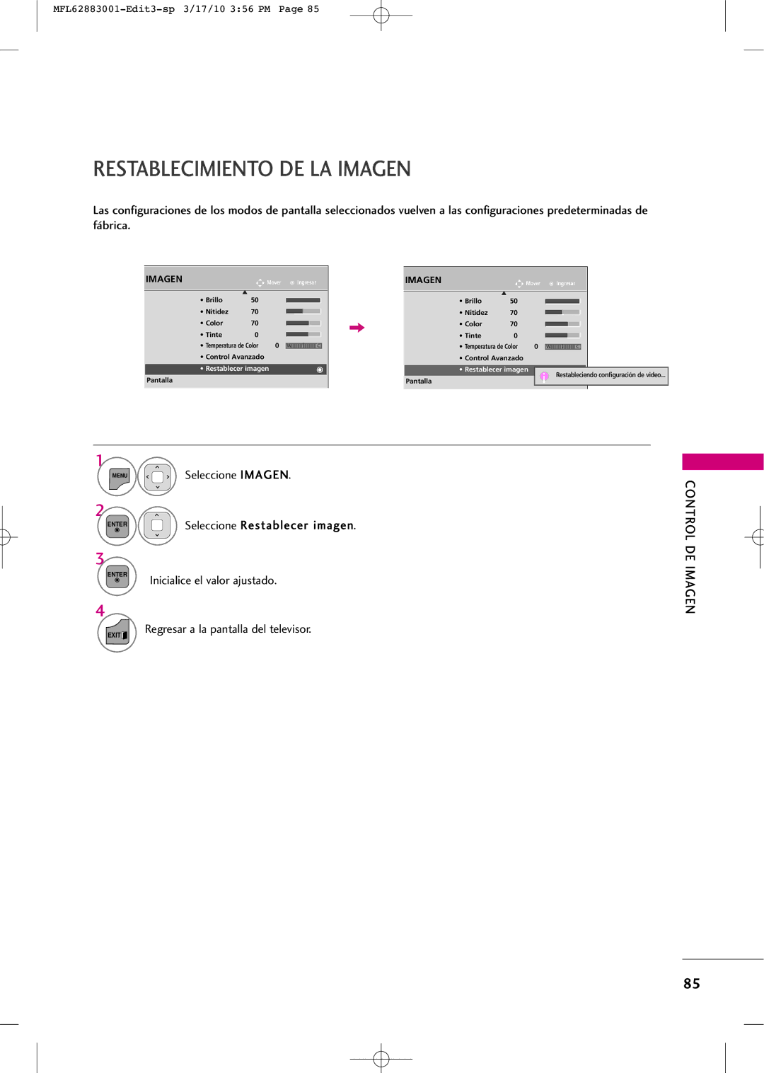 LG Electronics PJ250R manual Restablecimiento DE LA Imagen 