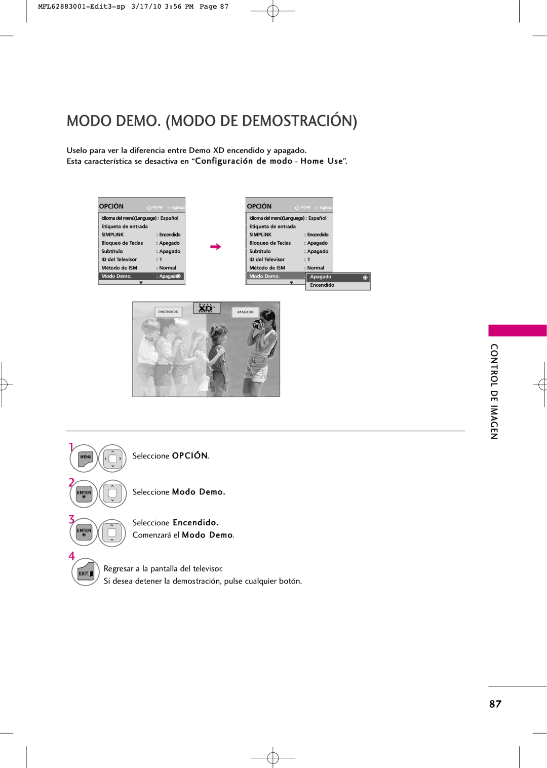 LG Electronics PJ250R manual Modo DEMO. Modo DE Demostración, Seleccione Modo Demo, Seleccione Encendido 