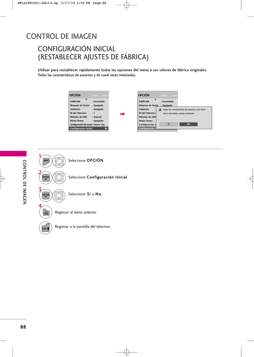 LG Electronics PJ250R manual Configuración Inicial Restablecer Ajustes DE Fábrica 