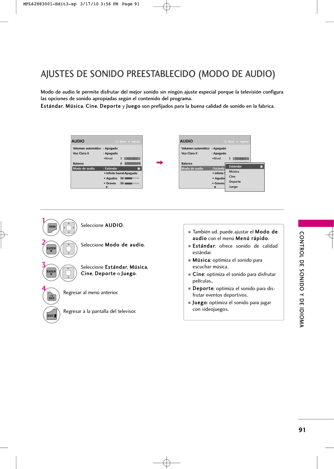 LG Electronics PJ250R manual Ajustes DE Sonido Preestablecido Modo DE Audio, Control DE Sonido Y 