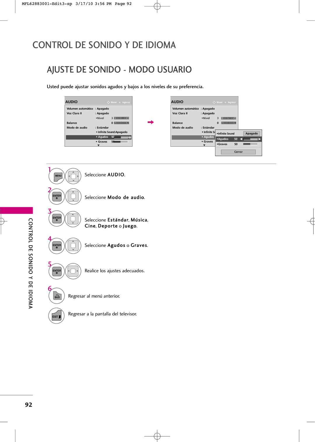 LG Electronics PJ250R manual Ajuste DE Sonido Modo Usuario, DE Sonido Y DE Idioma, Menu Seleccione Audio 