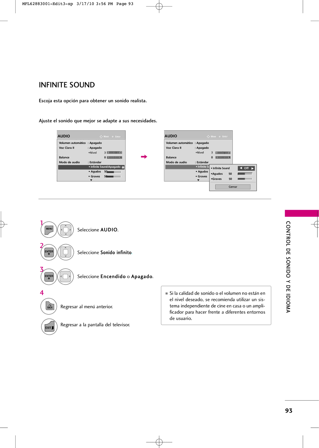 LG Electronics PJ250R manual Escoja esta opción para obtener un sonido realista 