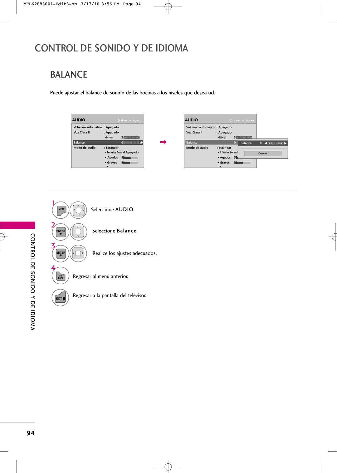 LG Electronics PJ250R manual Seleccione Audio Seleccione Balance 