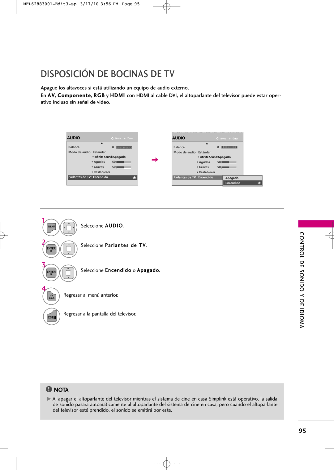 LG Electronics PJ250R manual Disposición DE Bocinas DE TV, Seleccione Audio Seleccione Parlantes de TV 