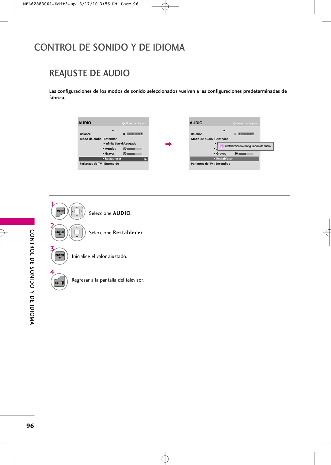 LG Electronics PJ250R manual Reajuste DE Audio, Control DE, Sonido Y DE Idioma 