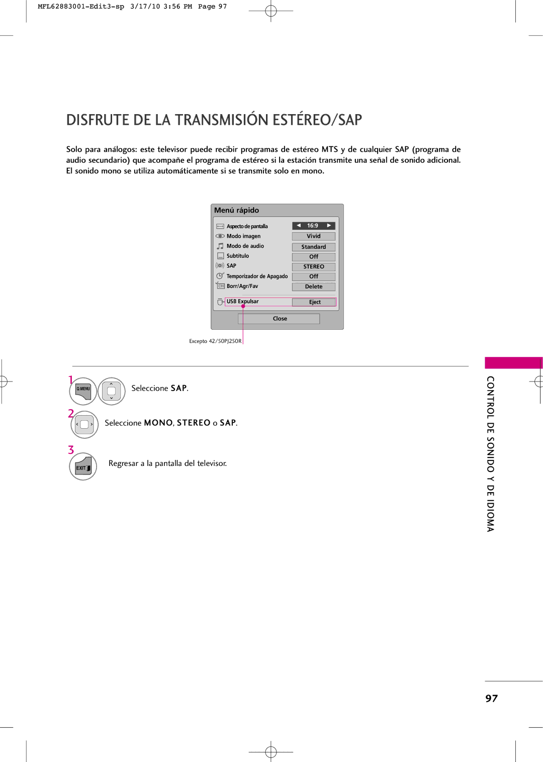 LG Electronics PJ250R manual Disfrute DE LA Transmisión ESTÉREO/SAP, Seleccione MONO, Stereo o SAP 