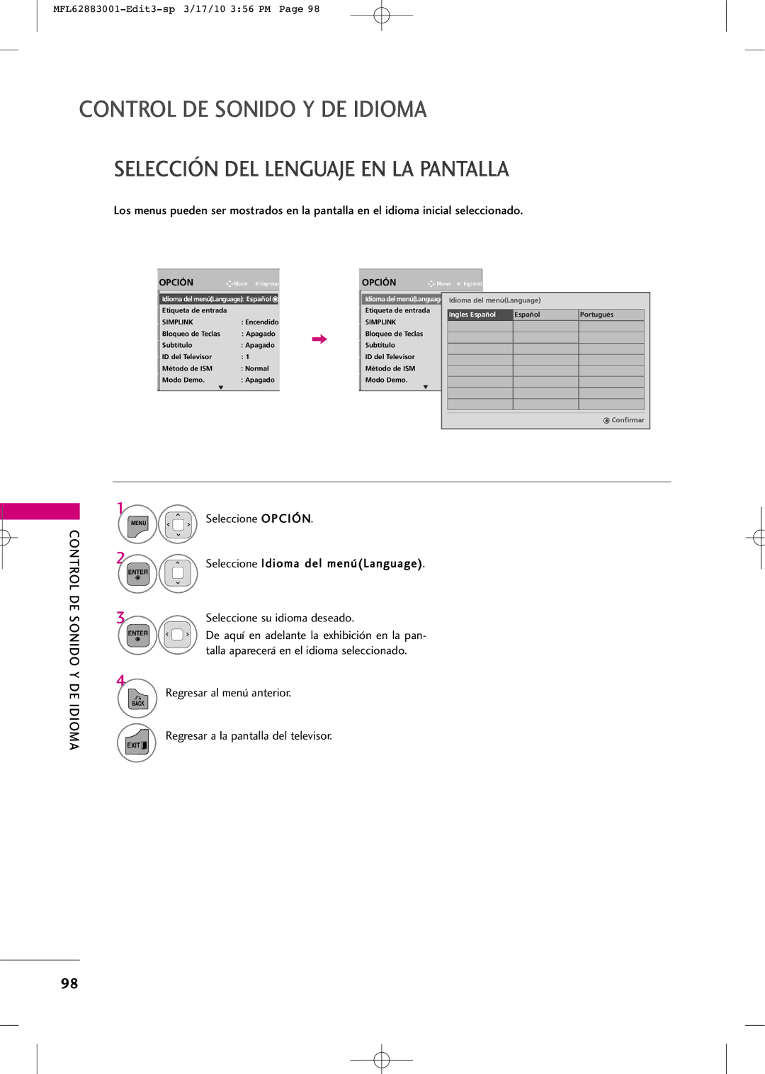 LG Electronics PJ250R manual Selección DEL Lenguaje EN LA Pantalla, Control DE Sonido 