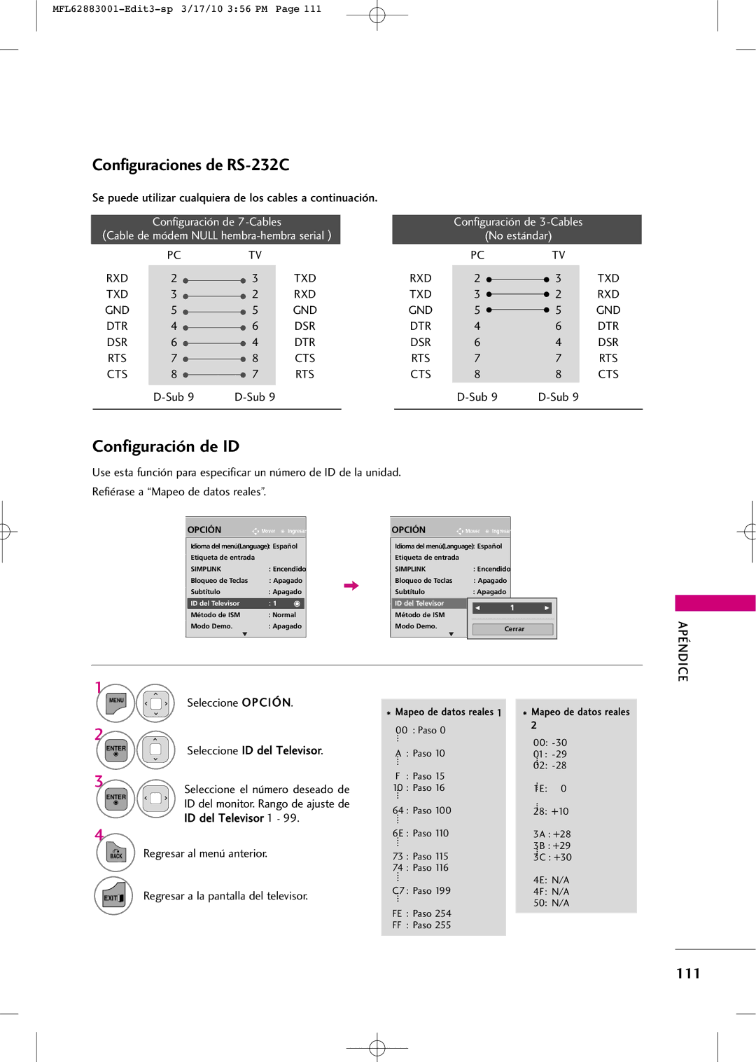 LG Electronics PJ250R manual Configuraciones de RS-232C, Configuración de ID, Seleccione Opción Seleccione ID del Televisor 