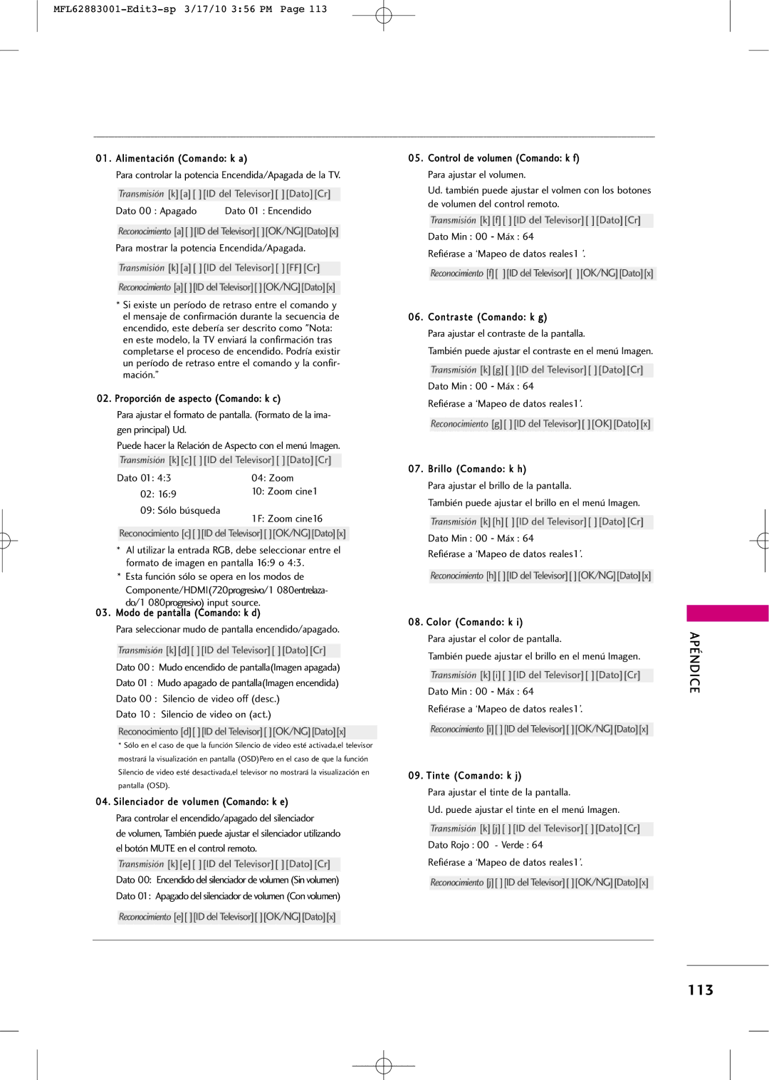 LG Electronics PJ250R manual Transmisión ka ID del Televisor FFCr 