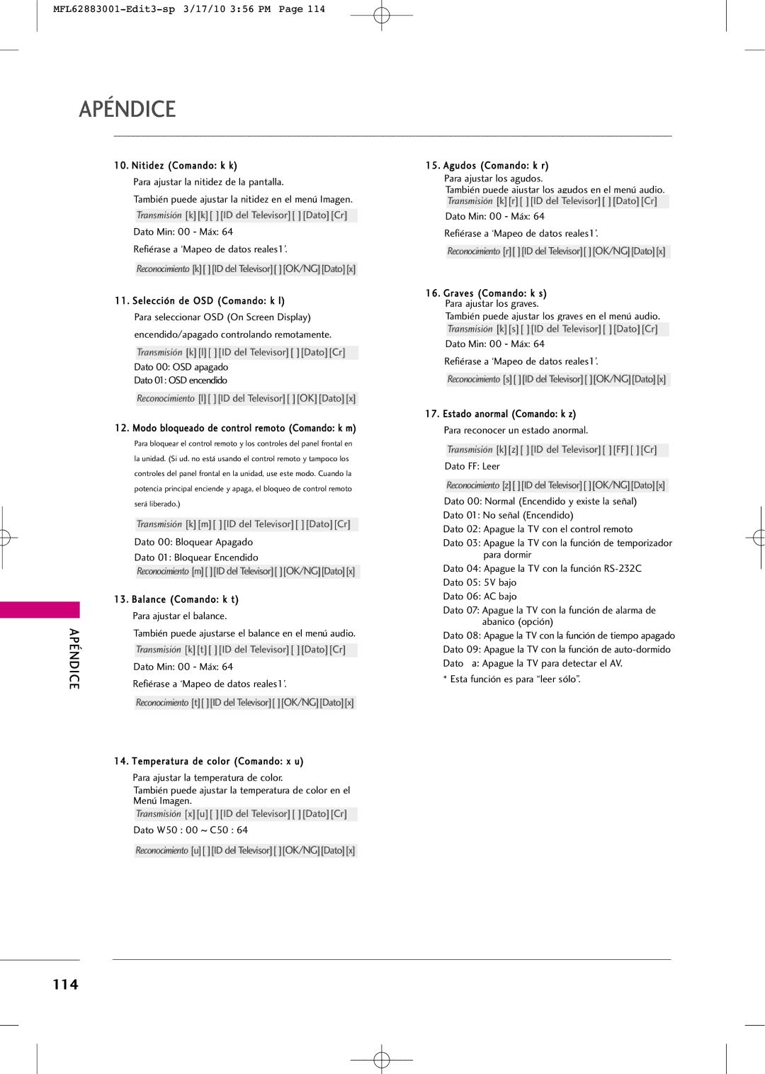 LG Electronics PJ250R manual Transmisión kk ID del Televisor DatoCr 