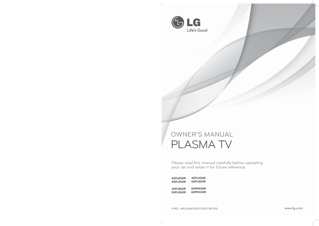 LG Electronics PJ250R manual Plasma TV 