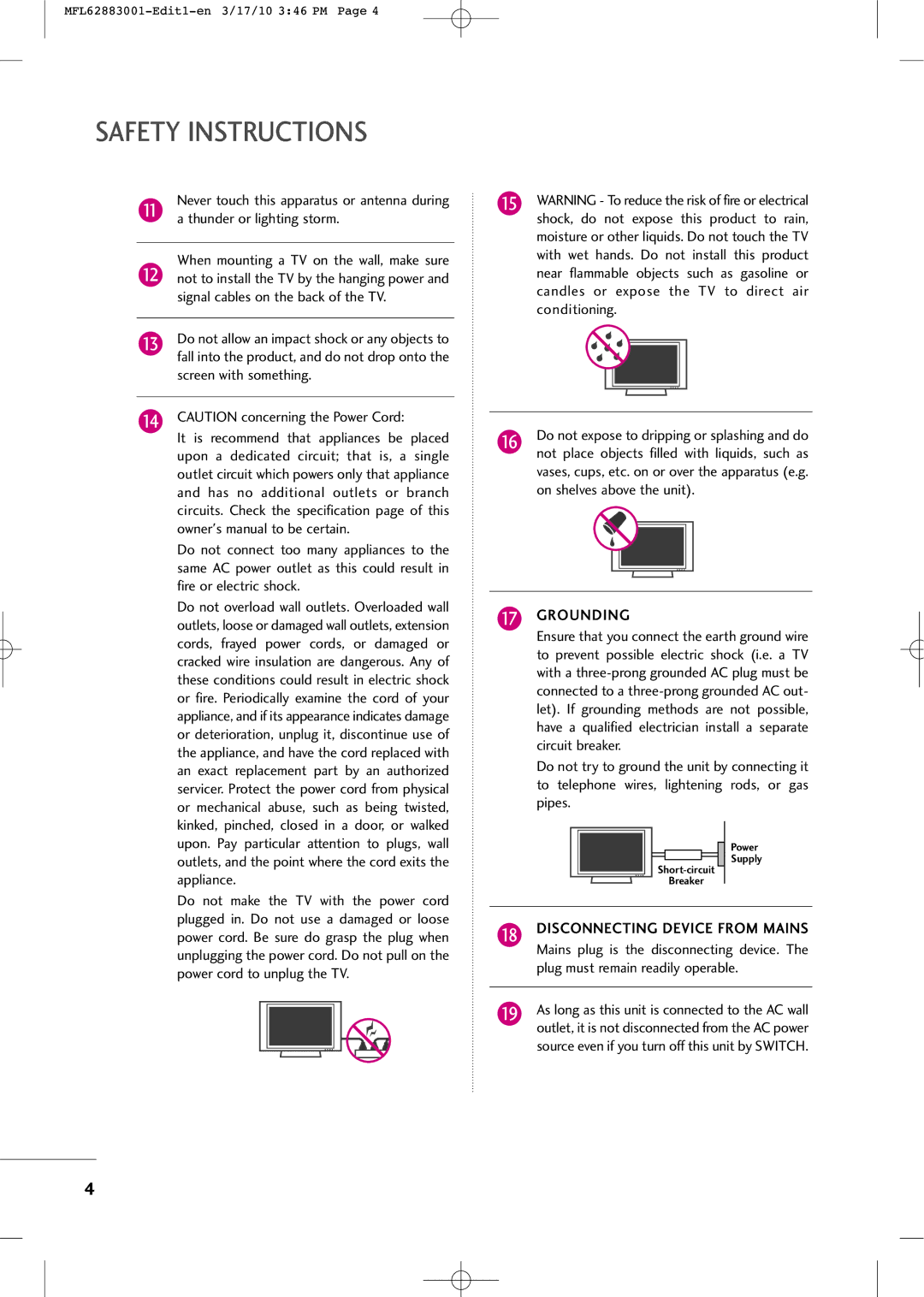 LG Electronics PJ250R manual Safety Instructions, Thunder or lighting storm, Signal cables on the back of the TV, Grounding 