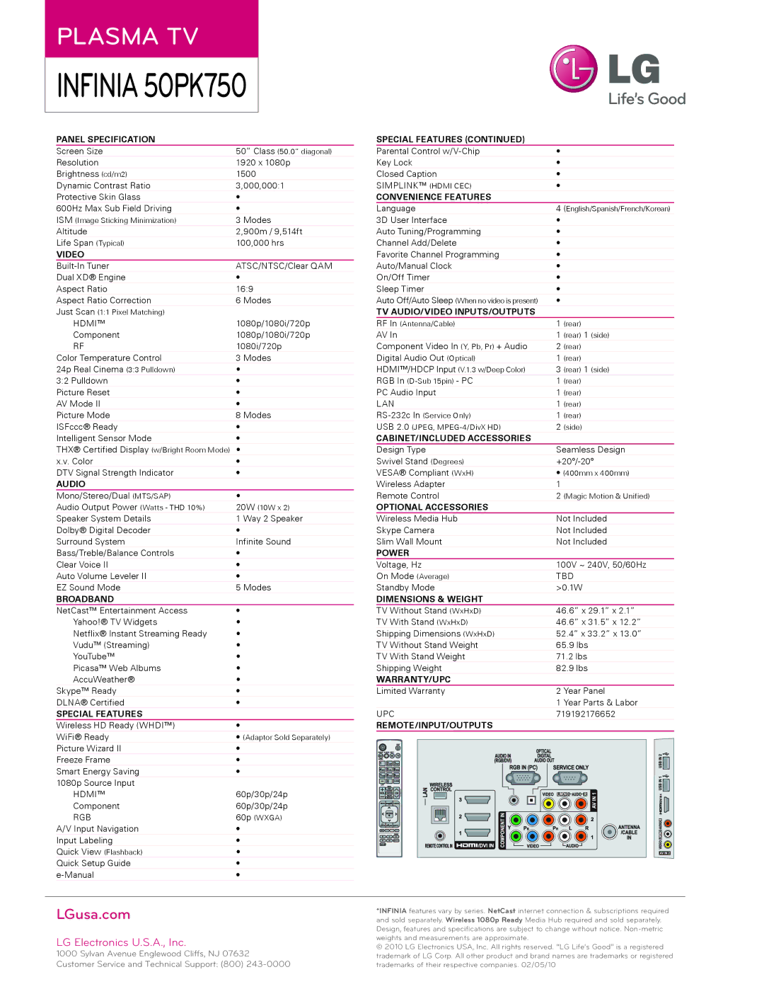 LG Electronics 50PK750 Panel Specification, Video, Audio, Broadband, Special Features, Convenience Features, Power 