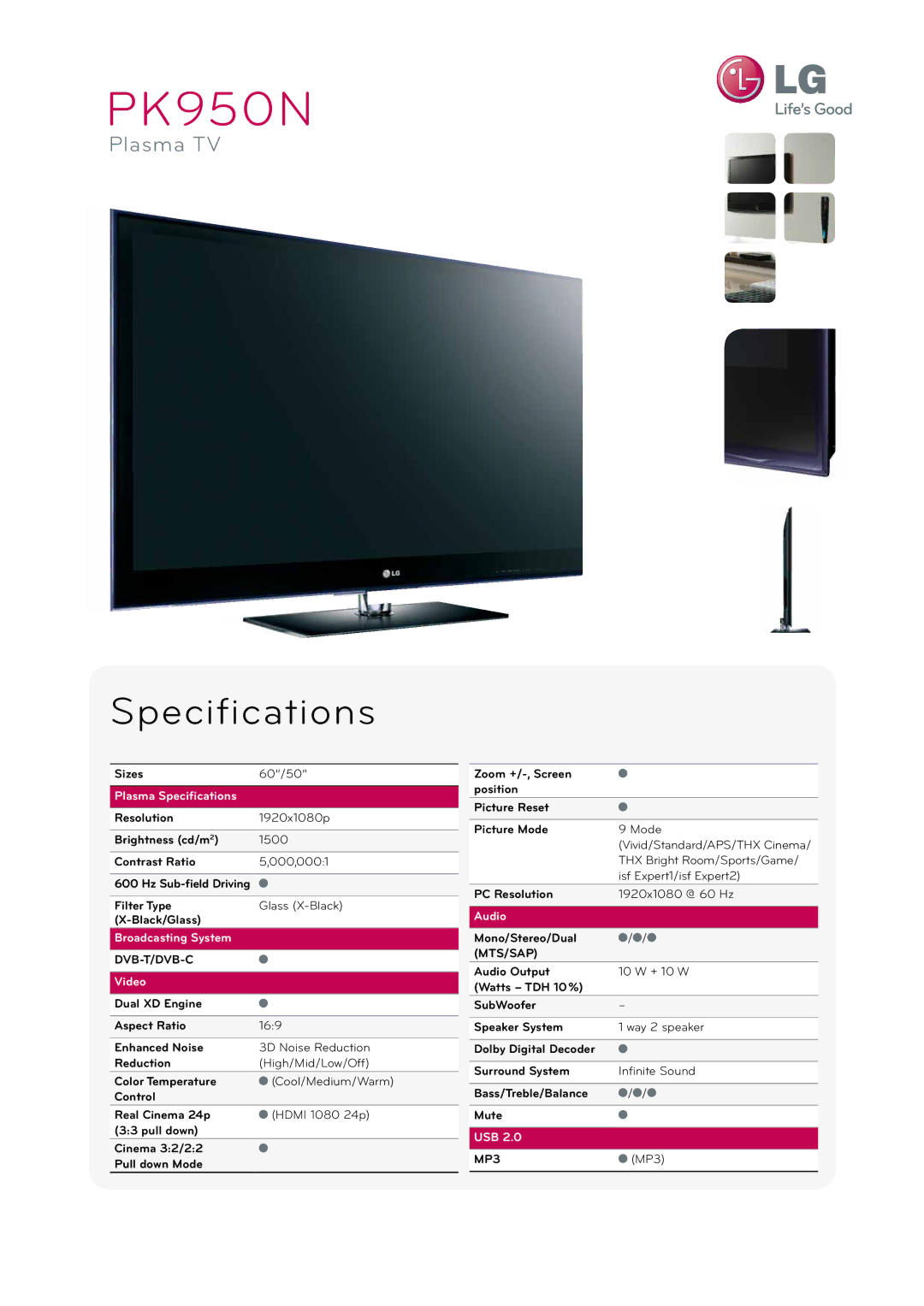 LG Electronics PK950N specifications Dvb-T/Dvb-C, Mts/Sap, MP3 
