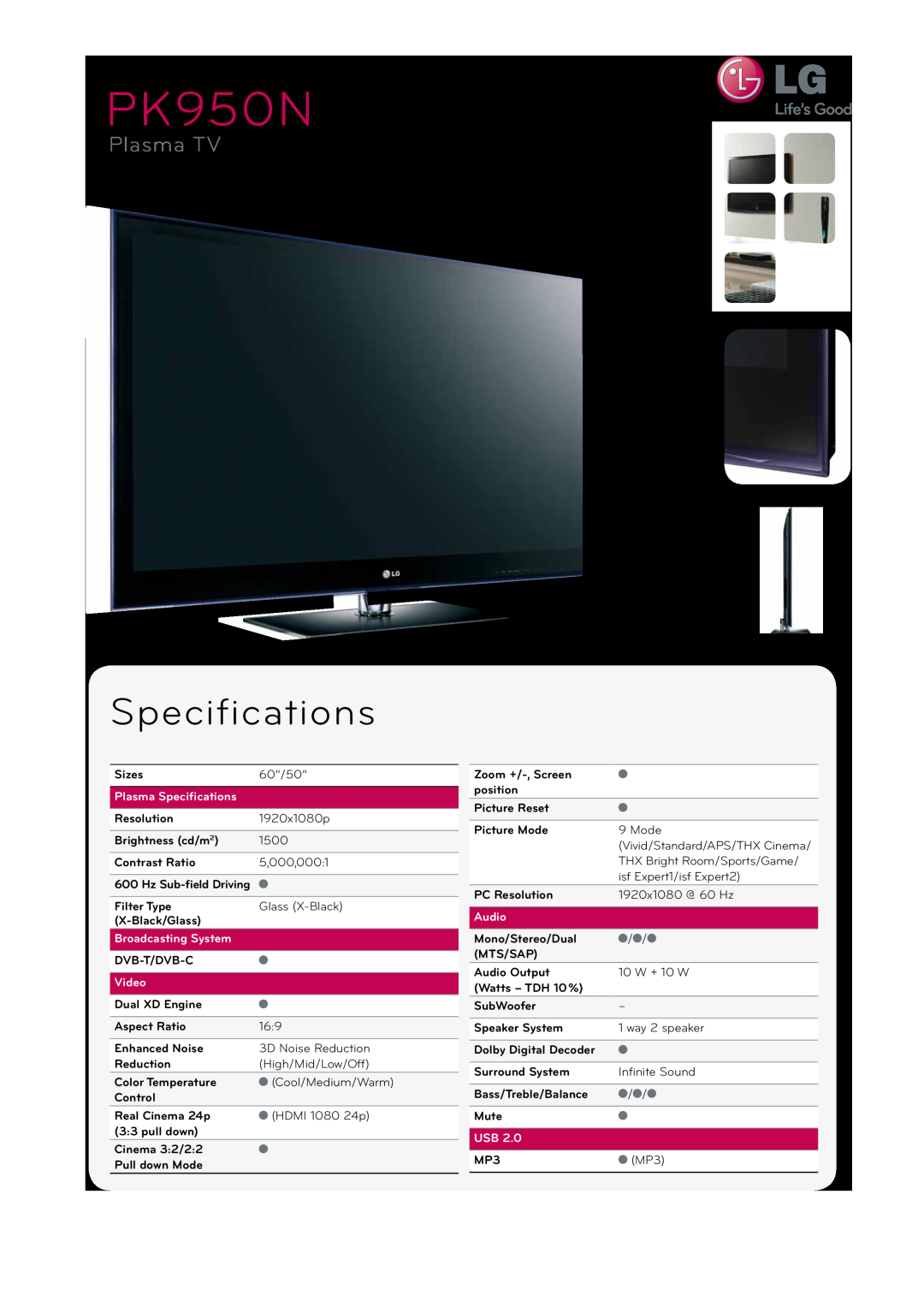 LG Electronics PK950N specifications Plasma Specifications, Broadcasting System, Video, Audio, Plasma TV 
