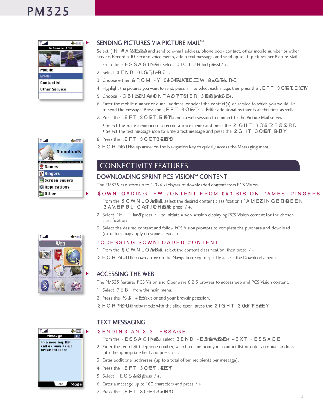 LG Electronics PM-325 Connectivity Features, Sending Pictures VIA Picture Mailsm, Downloading Sprint PCS Visionsm Content 