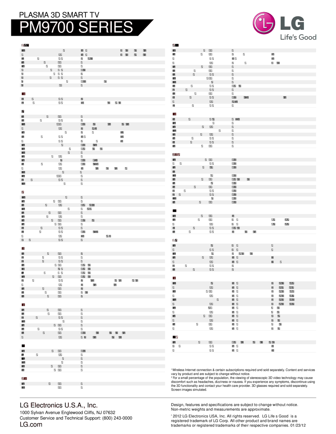 LG Electronics PM9700 manual Panel Specifications, Broadcasting System, Video, Audio, 3D Features, Smart TV Features, Power 