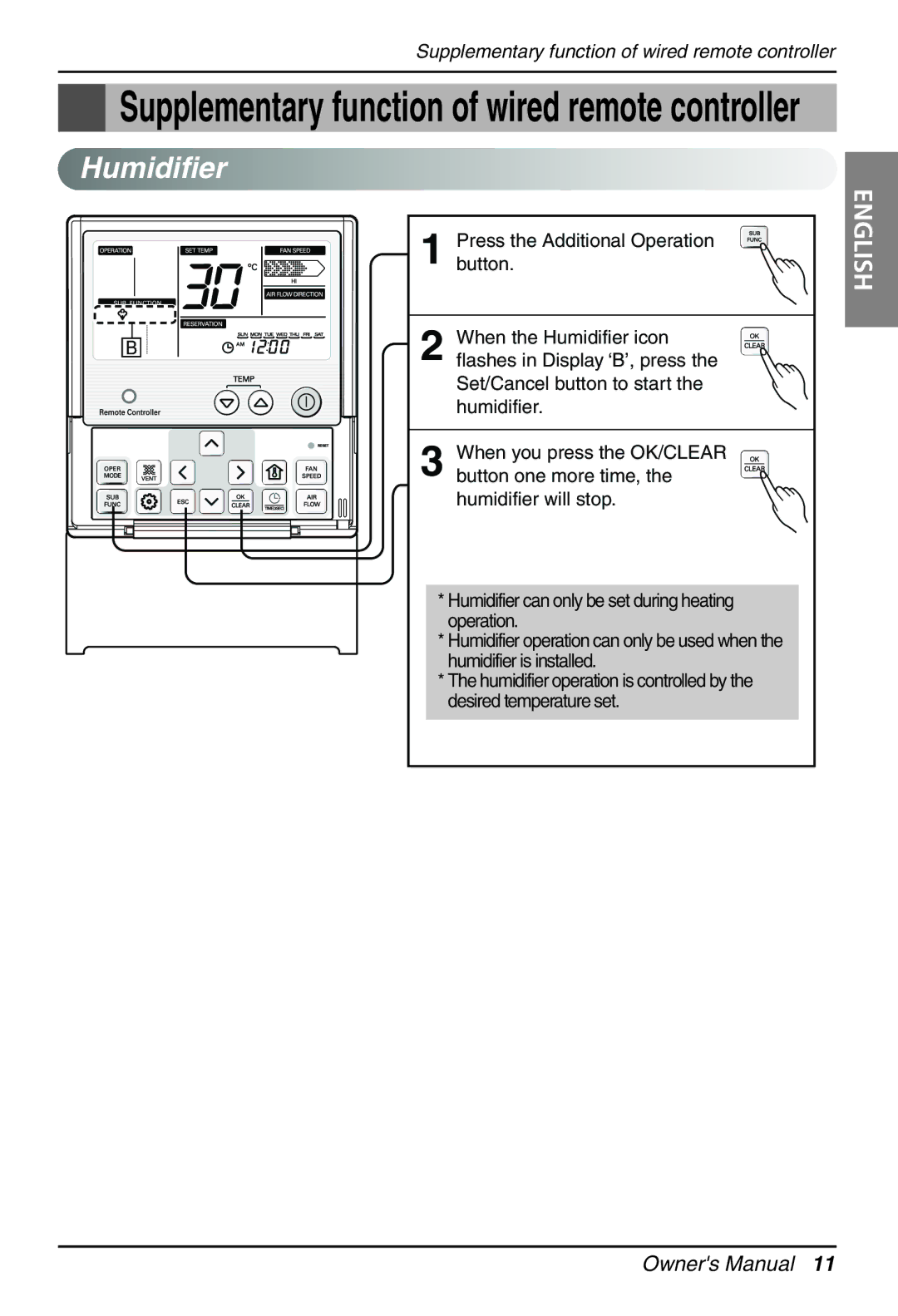 LG Electronics PRCKD40E, PRCKD20E owner manual Supplementary function of wired remote controller, Humidifier 