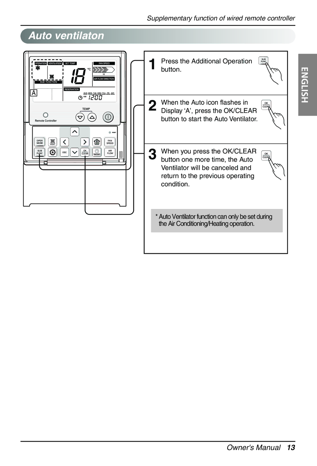 LG Electronics PRCKD40E, PRCKD20E owner manual Auto ventilaton 