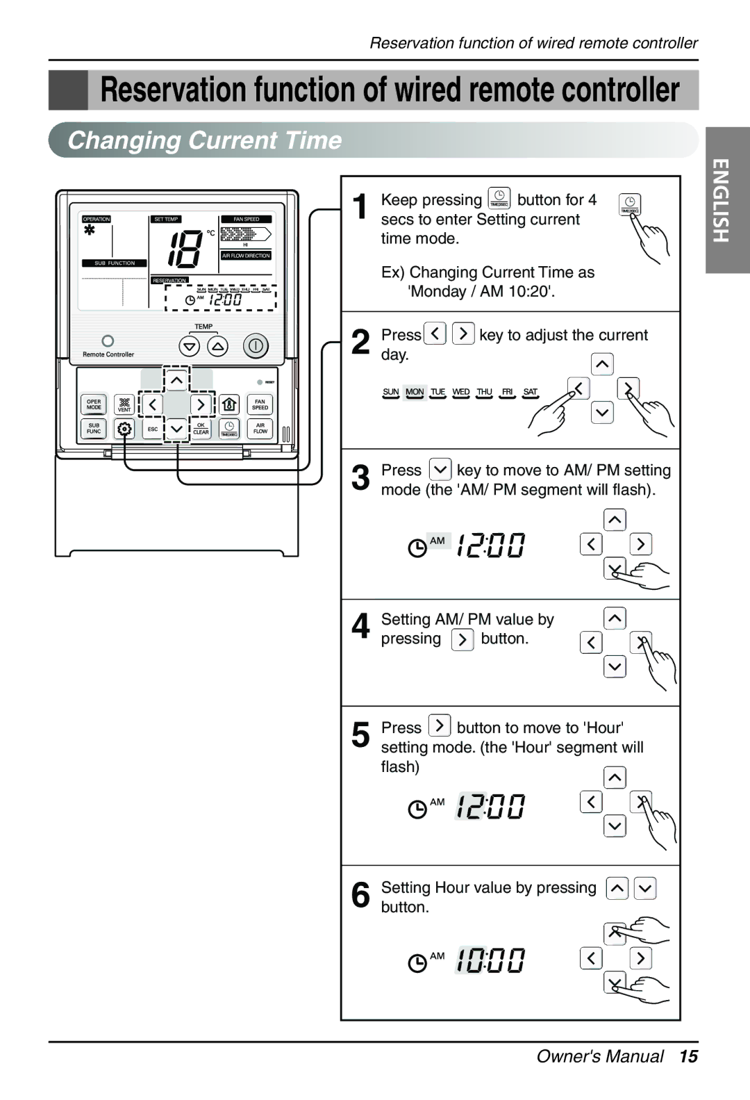 LG Electronics PRCKD40E, PRCKD20E owner manual Changing Current Time, Setting AM / PM value by 