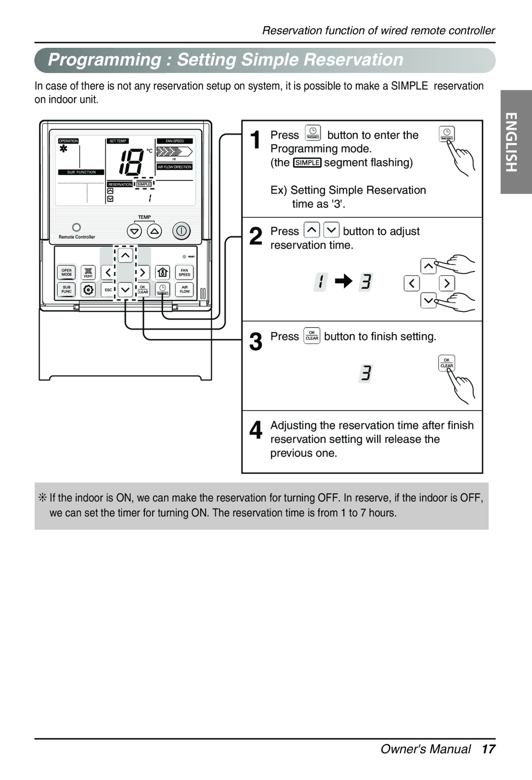 LG Electronics PRCKD40E Programming Setting Simple Reservation, Segment flashing Ex Setting Simple Reservation time as 