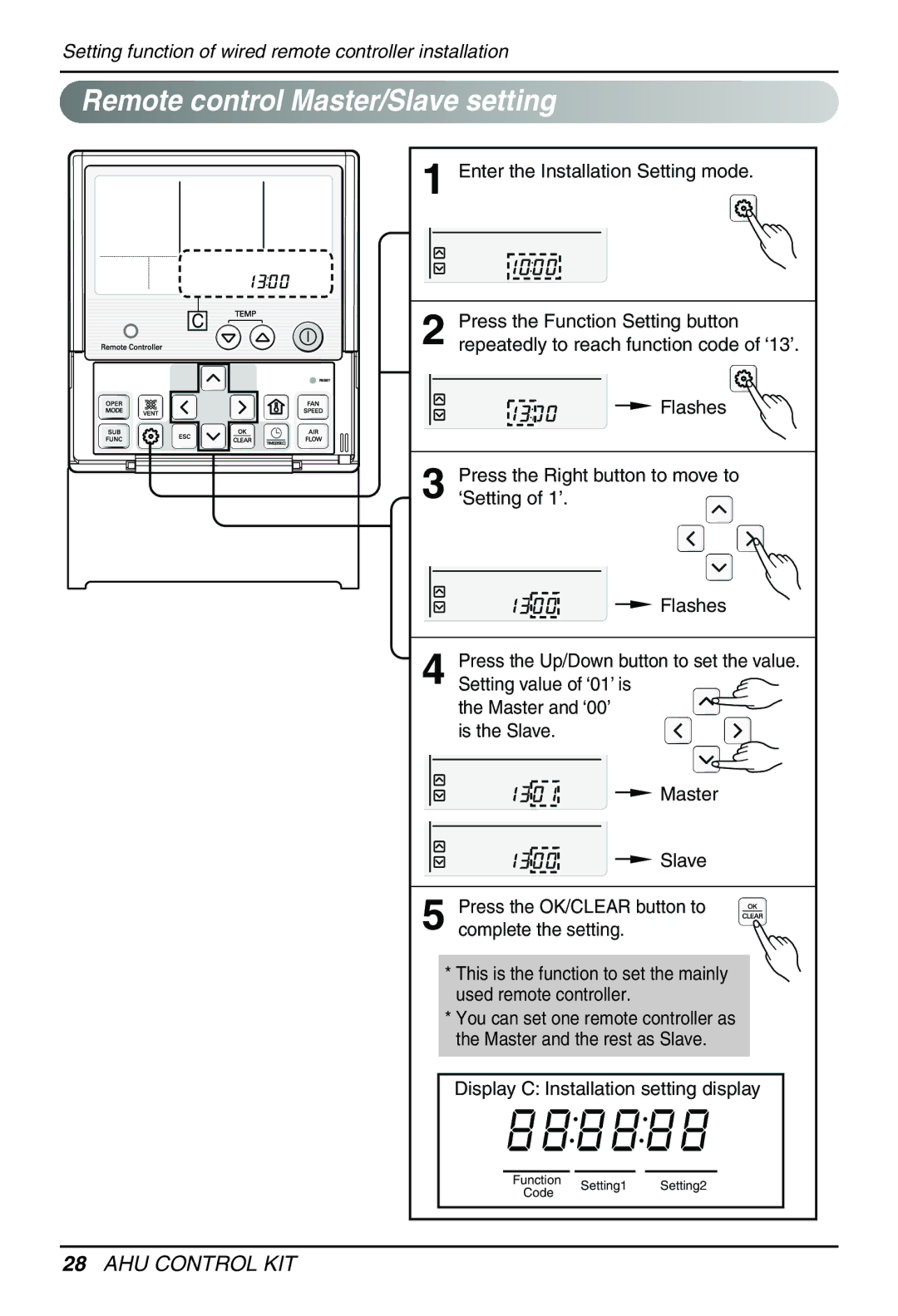 LG Electronics PRCKD20E, PRCKD40E owner manual Remote control Master/Slave setting 