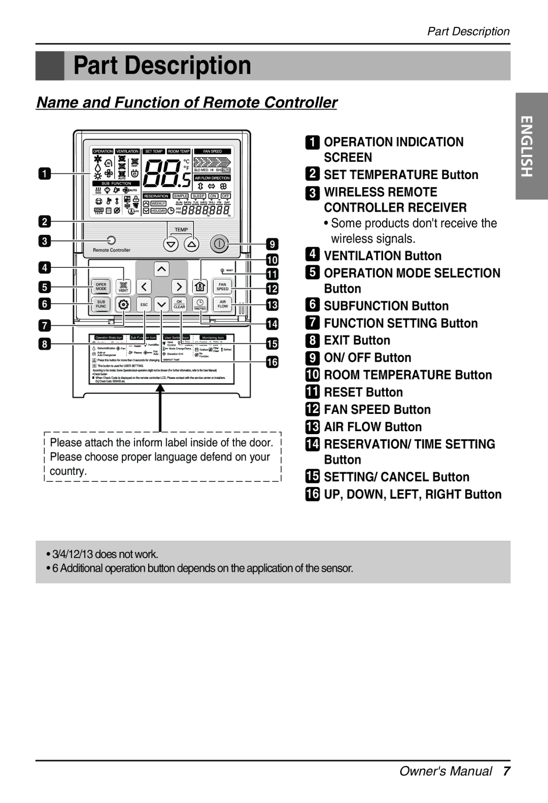 LG Electronics PRCKD40E, PRCKD20E owner manual Part Description, Name and Function of Remote Controller 