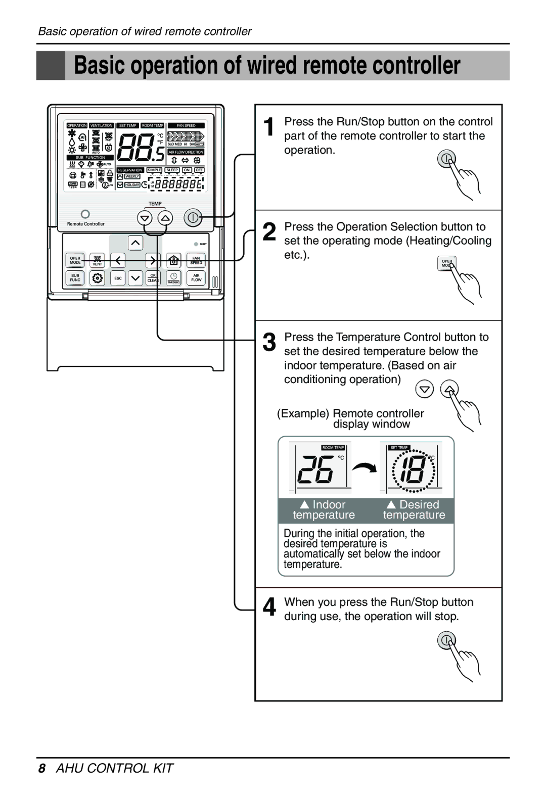 LG Electronics PRCKD20E, PRCKD40E owner manual Basic operation of wired remote controller 