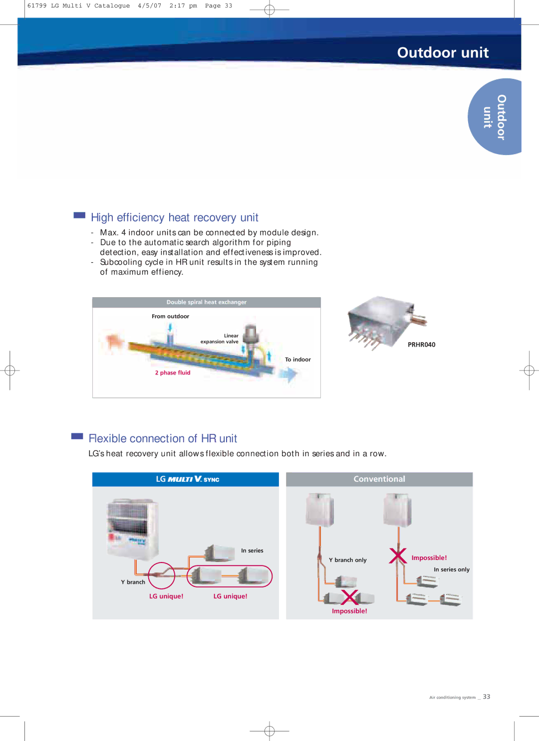 LG Electronics PRHR040 manual High efficiency heat recovery unit, Flexible connection of HR unit 