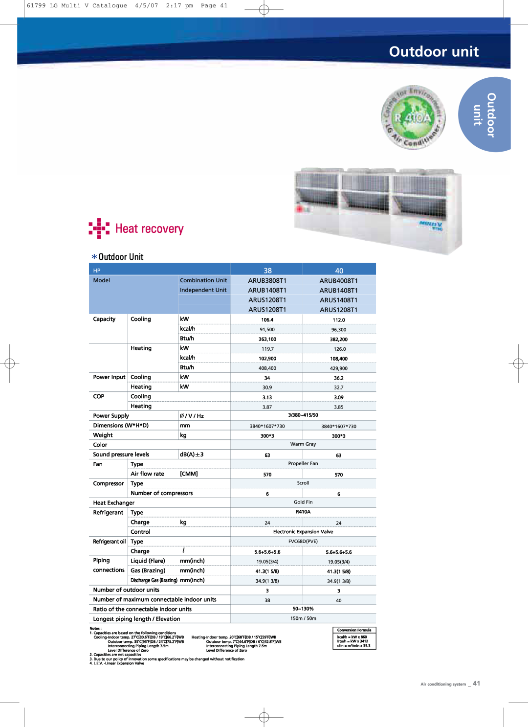 LG Electronics PRHR040 manual Outdoor unit, Heat recovery, LG Multi V Catalogue 4/5/07 217 pm Page, Air conditioning system 