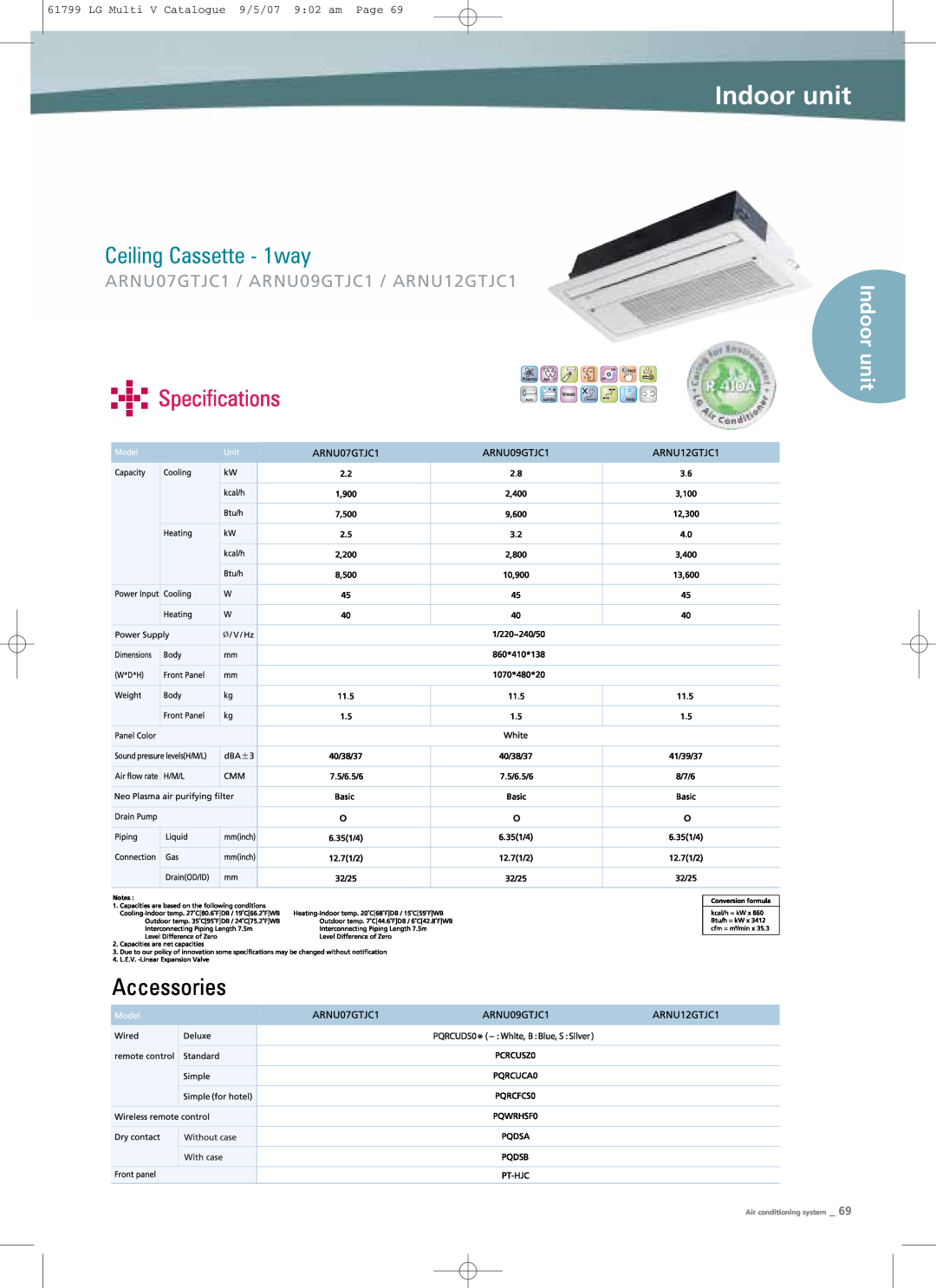 LG Electronics PRHR040 manual Ceiling Cassette - 1way, Specifications, Indoor unit, ARNU07GTJC1 / ARNU09GTJC1 / ARNU12GTJC1 