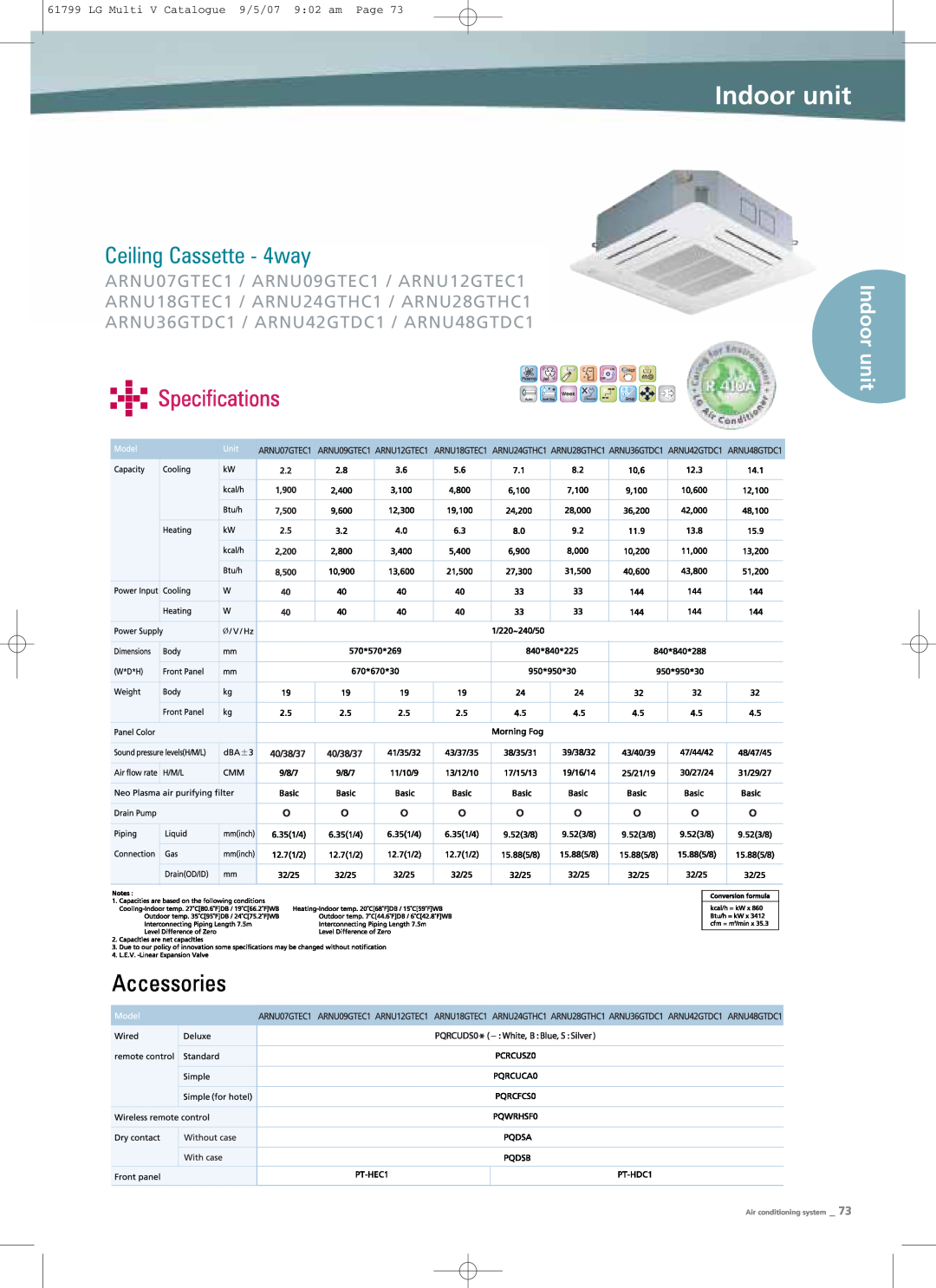 LG Electronics PRHR040 Ceiling Cassette - 4way, unit Specifications, Indoor unit, ARNU07GTEC1 / ARNU09GTEC1 / ARNU12GTEC1 