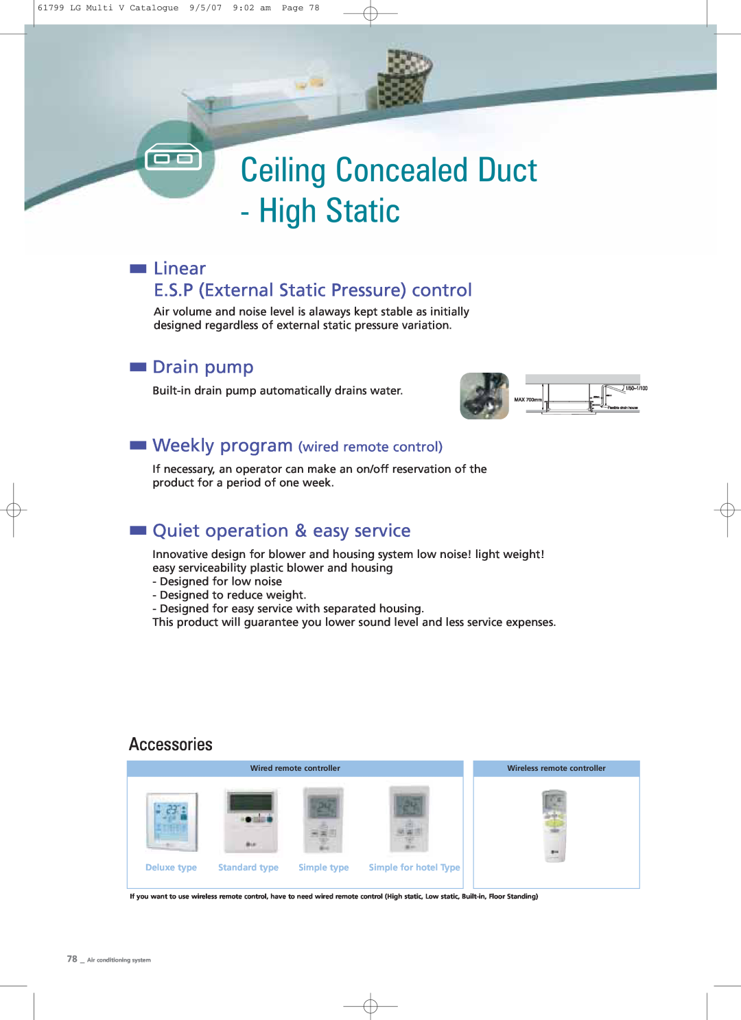 LG Electronics PRHR040 Ceiling Concealed Duct - High Static, Linear E.S.P External Static Pressure control, Drain pump 