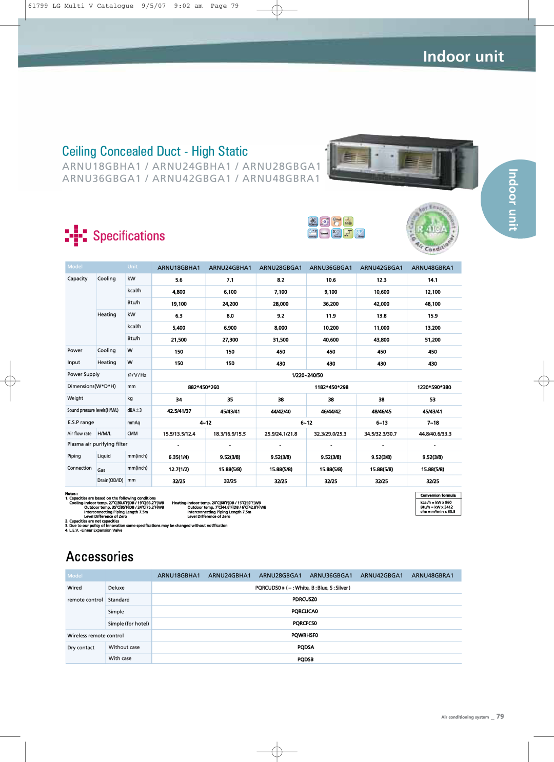 LG Electronics PRHR040 Ceiling Concealed Duct - High Static, Indoor unit, unit Specifications, Air conditioning system 