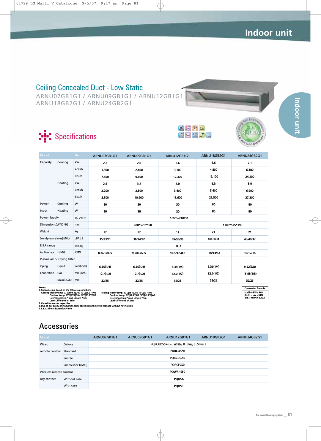 LG Electronics PRHR040 Ceiling Concealed Duct - Low Static, Indoor unit, unit Specifications, Air conditioning system 