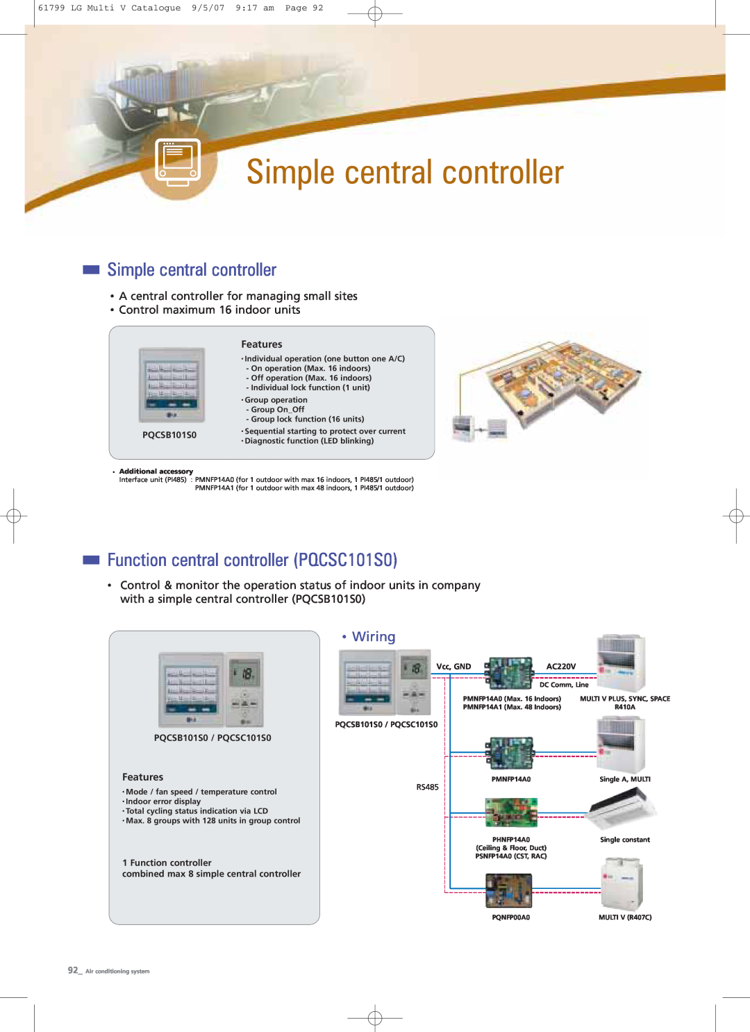 LG Electronics PRHR040 manual Simple central controller, Function central controller PQCSC101S0, Wiring, PQCSB101S0 