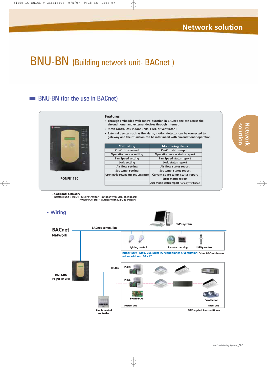 LG Electronics PRHR040 BNU-BN Building network unit- BACnet, BNU-BN for the use in BACnet, Network solution, Wiring, PI485 