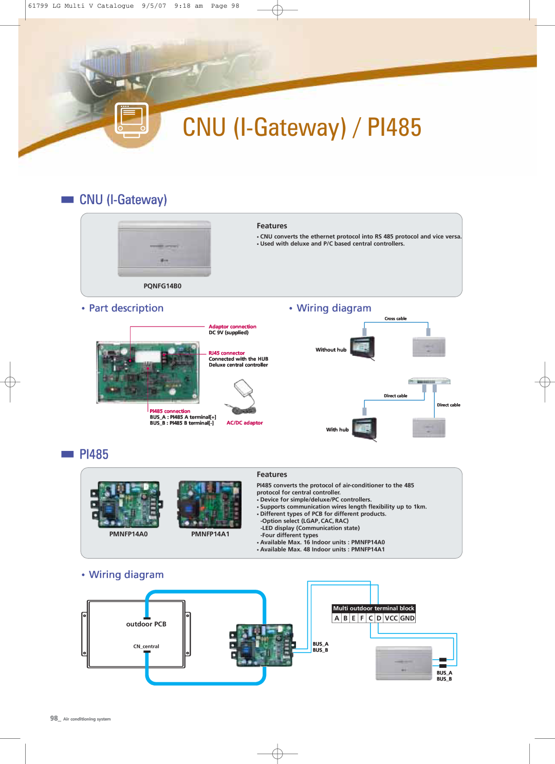 LG Electronics PRHR040 CNU I-Gateway / PI485, Part description, Wiring diagram, LG Multi V Catalogue 9/5/07 918 am Page 