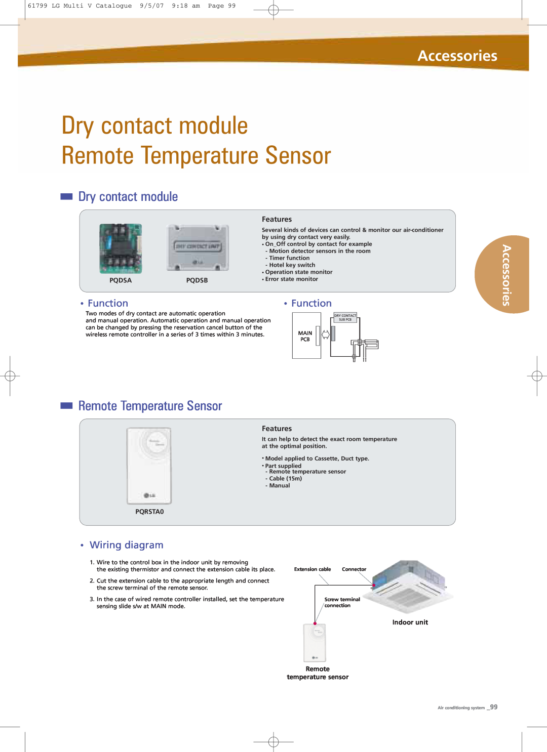 LG Electronics PRHR040 Dry contact module Remote Temperature Sensor, Accessories, Function, Wiring diagram, Pqdsa, Pqdsb 