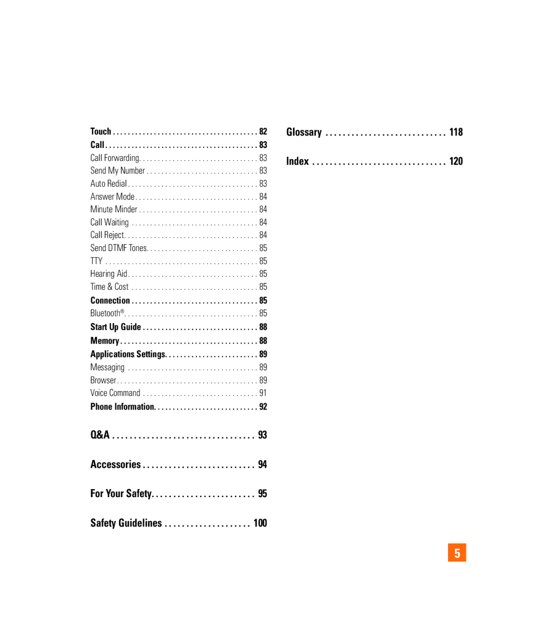 LG Electronics PRIME manual Accessories For Your Safety Safety Guidelines Glossary Index 