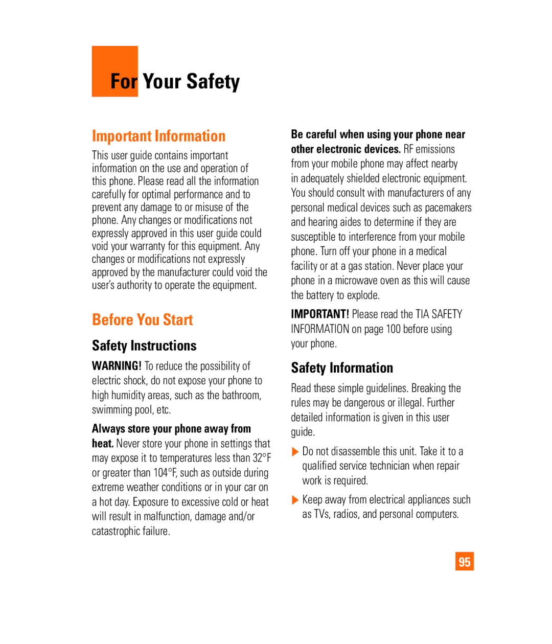 LG Electronics PRIME For Your Safety, Important Information, Before You Start, Safety Instructions, Safety Information 