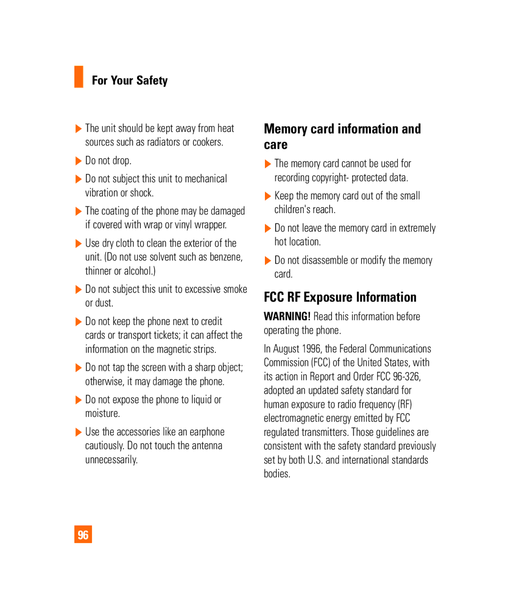 LG Electronics PRIME manual Memory card information and care, FCC RF Exposure Information, For Your Safety 