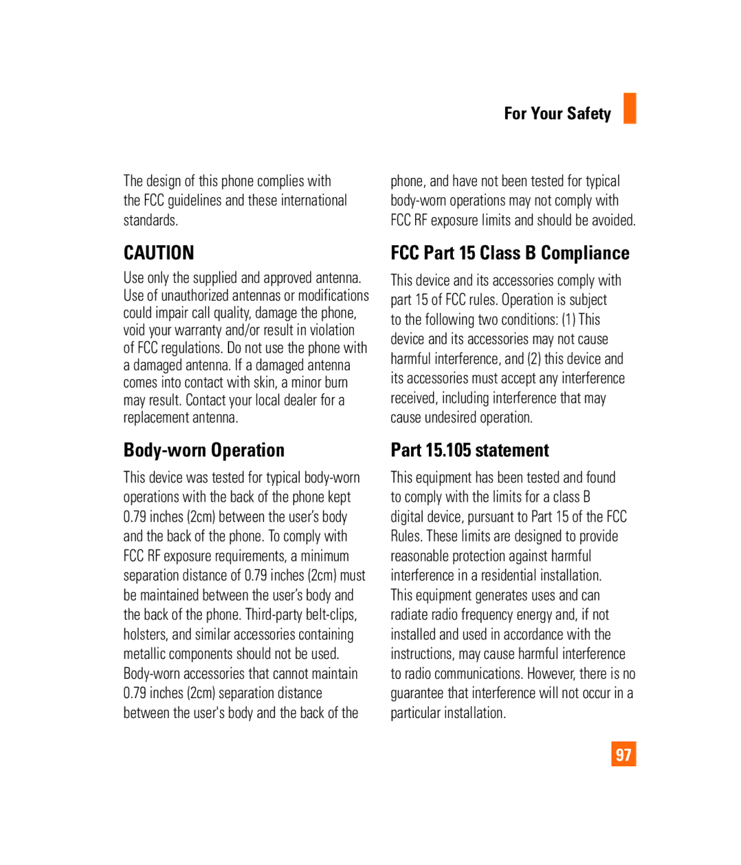 LG Electronics PRIME manual Body-worn Operation Part 15.105 statement, FCC Part 15 Class B Compliance, Standards 