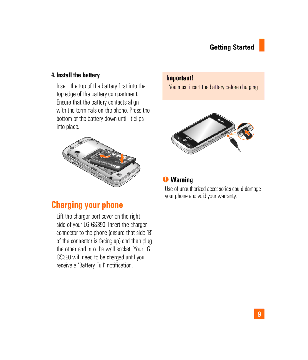 LG Electronics PRIME manual Charging your phone, Getting Started, Install the battery 