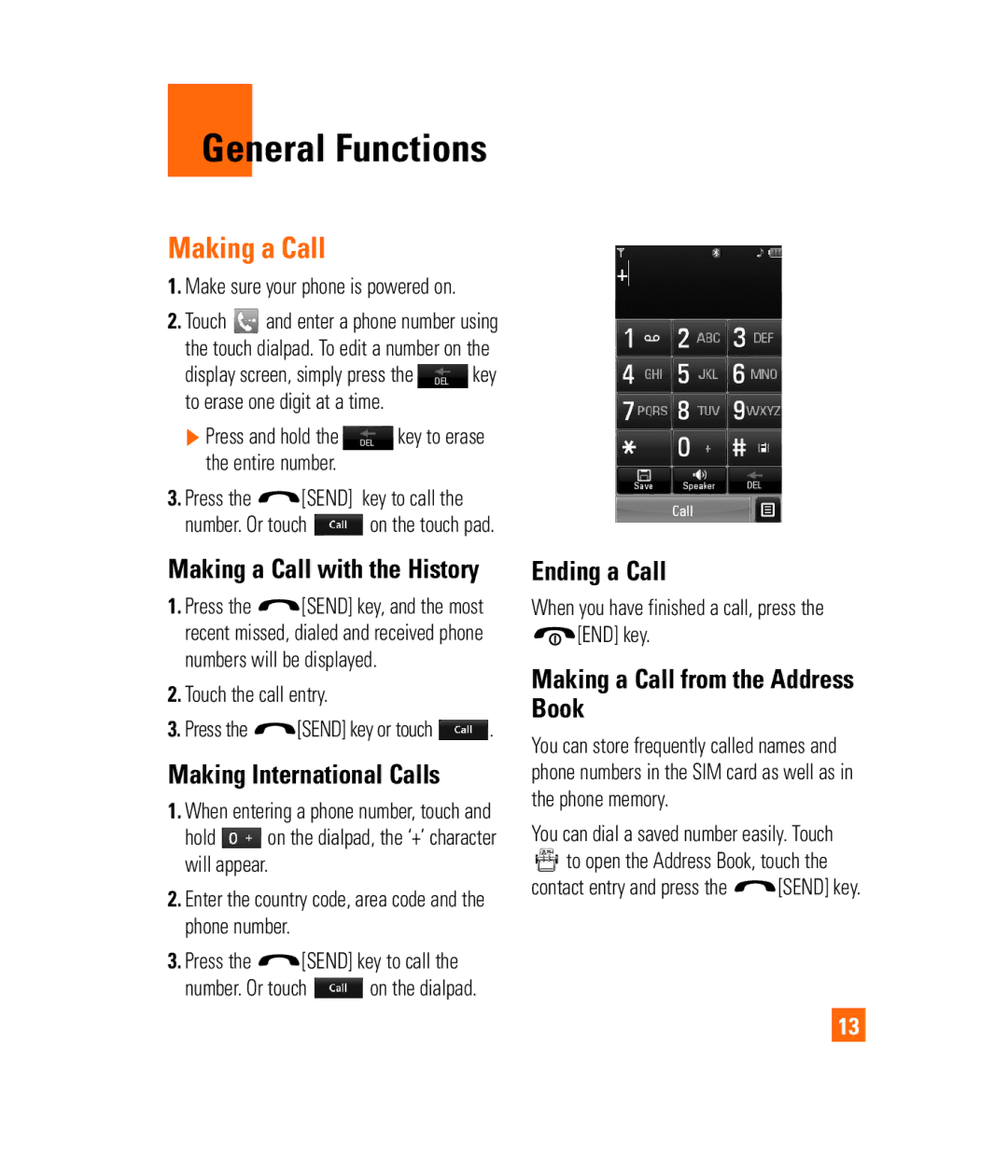 LG Electronics PRIME manual General Functions, Making a Call, Making International Calls, Ending a Call 