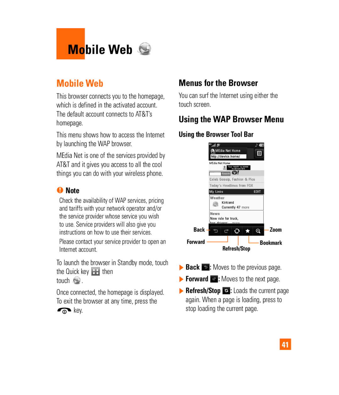 LG Electronics PRIME manual Mobile Web, Menus for the Browser, Using the WAP Browser Menu, Using the Browser Tool Bar 